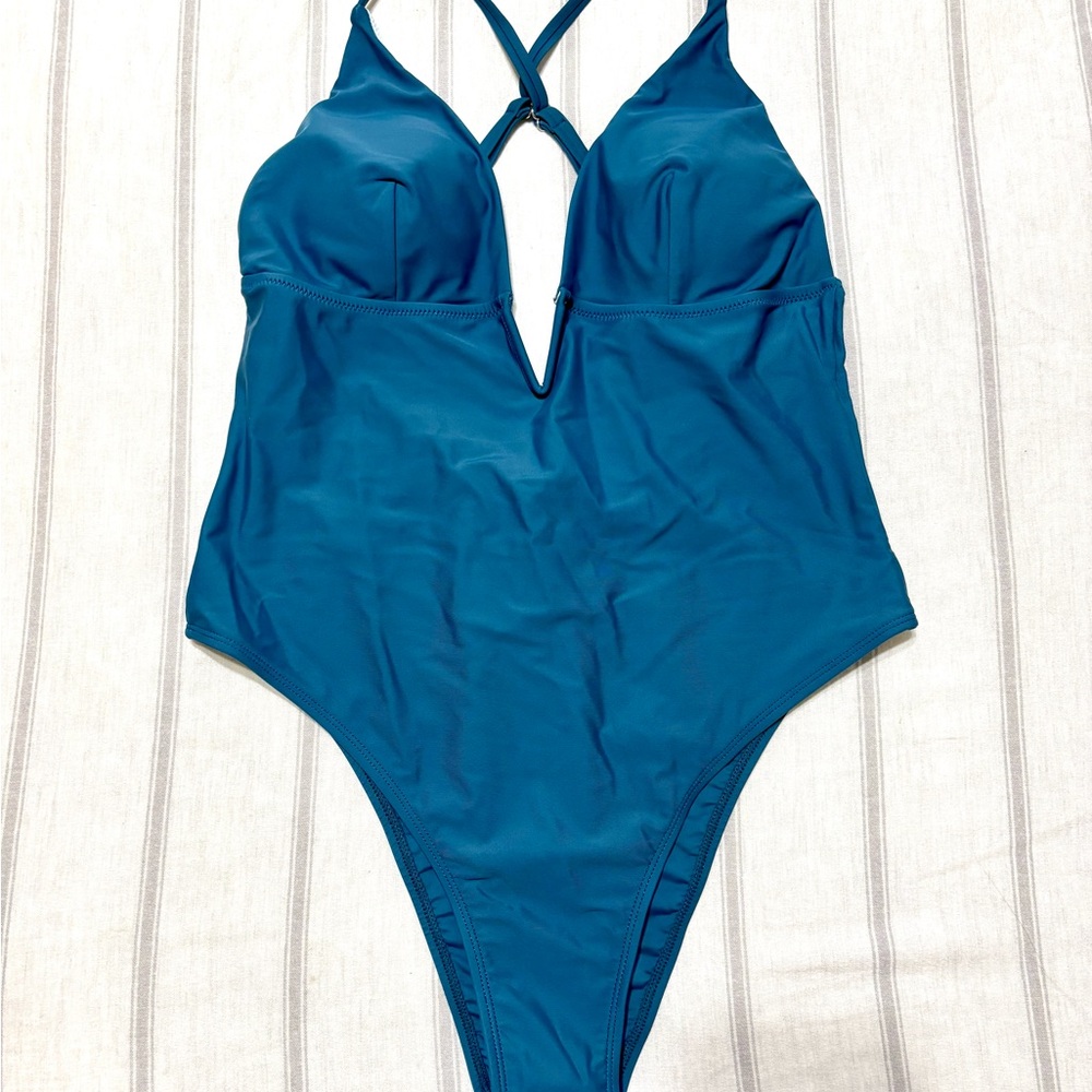Cupshe Teal Plunge One-Piece Swimsuit Large NWT
